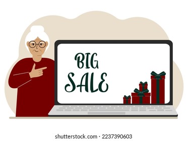 A woman next to a large laptop, on his screen the text of big sales and a lot of gift boxes. Vector flat illustration