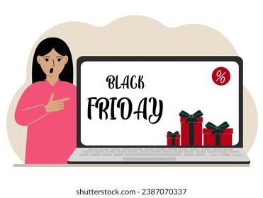 A woman next to a large laptop, on his screen the text black friday and a lot of gift boxes.