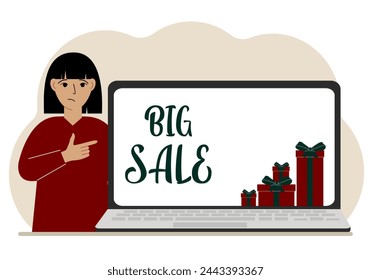 A woman next to a large laptop, on his screen the text of big sales and a lot of gift boxes. Vector flat illustration