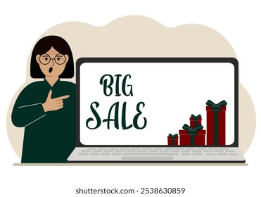 A woman next to a large laptop, on his screen the text of big sales and a lot of gift boxes. Vector flat illustration