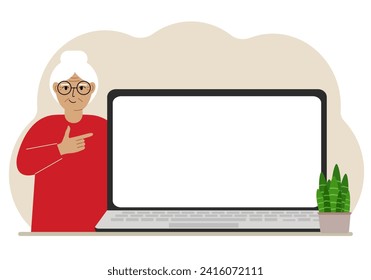A woman next to a large laptop with plenty of space for text.