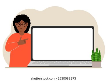 A woman next to a large laptop with plenty of space for text.