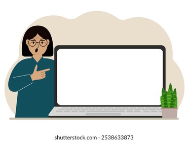 A woman next to a large laptop with plenty of space for text. Vector flat illustration