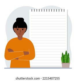 Una mujer al lado de un gran bloc de notas o de un cuaderno grande. El concepto de rellenar un cuaderno o bloc de notas, escribir notas, administrar el tiempo, planificar. Ilustración plana del vector