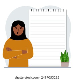 Eine Frau neben einem großen Notebook oder einem großen Notebook. Das Konzept des Füllens eines Notebooks oder Notizblocks, des Schreibens von Notizen, Zeitmanagement, Planung. Flache Vektorgrafik