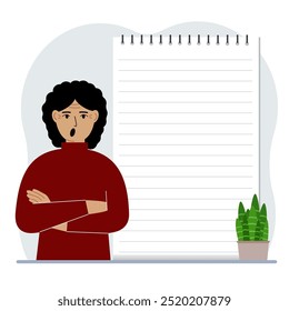 A woman next to a large notepad or large notebook. The concept of filling a notebook or notepad, writing notes, time management, planning.
