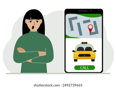 A woman next to a large smartphone on the screen which has a taxi and geolocation. The concept of a mobile taxi application or ordering a taxi online. Vector flat illustration