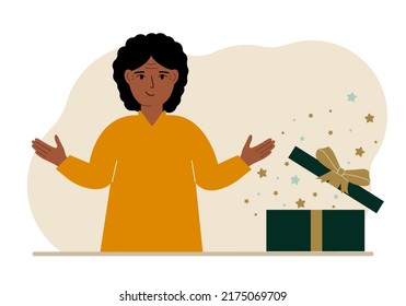 A woman next to an open gift. The concept of a holiday, surprise, promotion, discount. Vector flat illustration