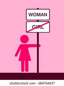 Woman is next to the traffic sign - transition and passage of immature child into mature adult, losing youth and gaining womanhood