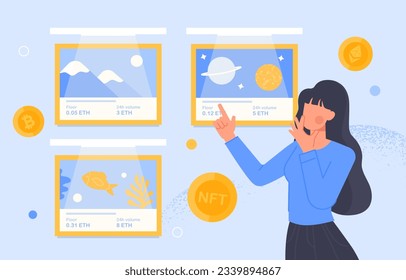 Woman with NFT concept. Young girl with non fungible token. Cryptocurrency and bitcoin, economics and trading. Character buys virtual paintings on internet. Cartoon flat vector illustration