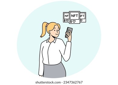 Woman with NFT picture and token items. Businesswoman explore blockchain or cryptocurrency artwork. Vector illustration.