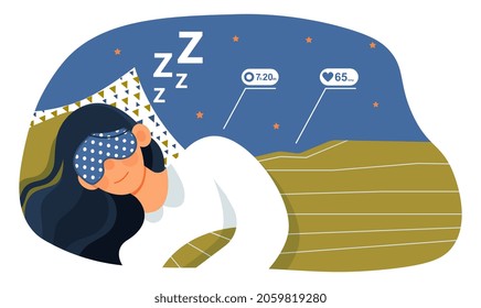 Woman in night mask. Young girl sleeping. Taking care of your health, correct daily routine. Modern technology, pulse, breathing. Cartoon flat vector illustration isolated on white background