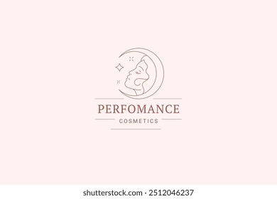 Mulher noite bruxa sonho retrato minimalista linha arte logotipo modelo vetor ilustração. Bonito rosto feminino com crescente e estrela logotipo linear para coiffure cosméticos pele cuidado beleza marca