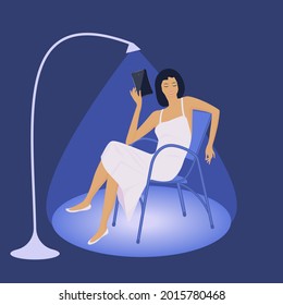A woman in a nightgown sits on a chair, cheerful communication through a smartphone, a floor lamp - vector. Passing time at night, late in the evening. Internet addiction. Doom scroll.