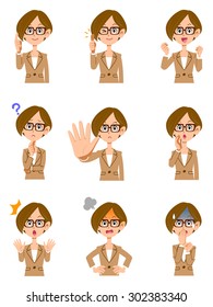 Woman nine of gesture and facial expression to work.It has glasses hair is short