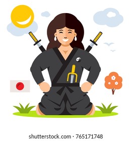 Woman Ninja. Vector Flat style colorful Cartoon illustration.