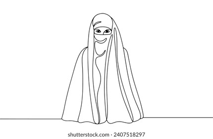 Woman in niqab. Headdress with a hole for the eyes. Muslim tradition. Islamic tradition of covering the head. World Hijab Day. Images produced without the use of any form of AI software at any stage. 