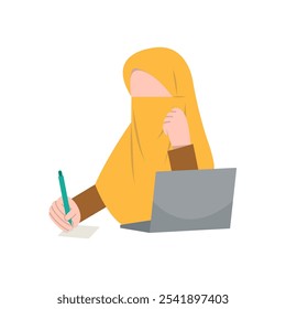 Mulher Com Niqab Trabalha Em Laptop