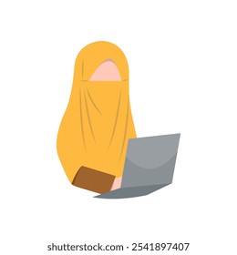 Mulher Com Niqab Trabalha Em Laptop