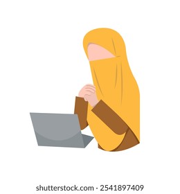 Mulher Com Niqab Trabalha Em Laptop