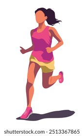 Mulher sem rosto fazendo esportes, correndo em roupas esportivas. Jovem correndo. Participação em corridas esportivas, competições esportivas. Correndo na rua. Ilustração vetorial isolada no plano de fundo branco