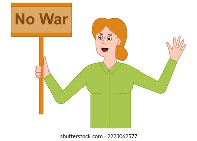 Woman with a No War poster. Simple and clear flat illustration.