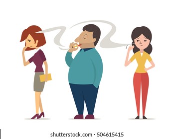 Woman or non smoking people try to covering her face from cigarette smoke. Vector character design in concept of passive smoking, second hand smoking, and pollution. 