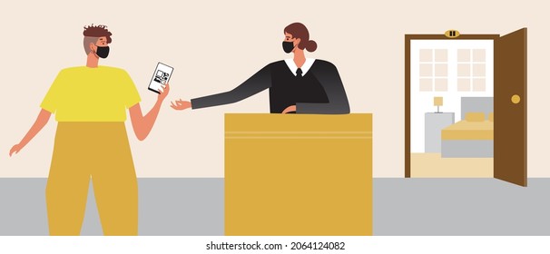 Woman or non-binary person with QR code checking into a hotel. Flat vector stock illustration. Check in at a hostel or dorm. QR code in the phone for booking. Check in at the reception