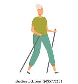 Woman Nordic walking icon cartoon vector. Active travel exercise. Mature person