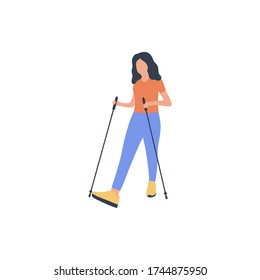 Woman nordic walking isolated on a light background. Colorful flat vector illustration.