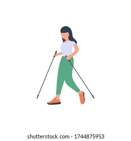 Woman nordic walking isolated on a light background. Colorful flat vector illustration.