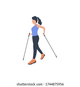 Woman nordic walking isolated on a light background. Colorful flat vector illustration.