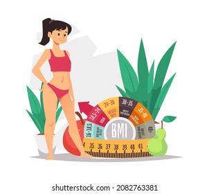 Woman with normal body type and BMI index, flat vector illustration isolated on white background. Dieting and healthy slimming, weight control concept.