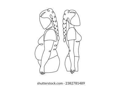 A woman with normal and overweight. Fighting excess weight. International Obesity Day. One line drawing for different uses. Vector illustration.