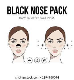 Woman with Nose pack. Blackheads on Nose. Girl take care of her face. Blackheads treatment procedure with blackhead patch. Vector illustration for instructions. Fashion, beauty. Sketch drawing