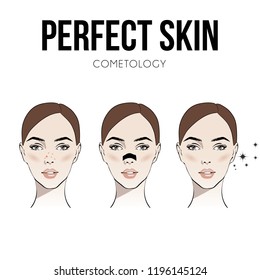 Woman with Nose pack. Blackheads on Nose. Girl take care of her face. Blackheads treatment procedure with blackhead patch. Vector illustration for instructions. Fashion, beauty. Sketch drawing