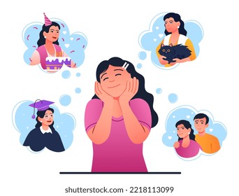 Woman with nostalgia. Young girl recalls best moments of her life, loved one, graduation from institute and holidays. Positivity and potimism. Poster or banner. Cartoon flat vector illustration