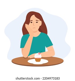 A woman not hungry. Anorexia, bulemia.A sad girl is sitting with an empty plate with a cake.The woman refusing to eat.  Diet risk. Vector flat illustraton.