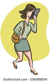 A Woman Is Not Paying Attention To Anything But Her Phone As She Runs To A Meeting.