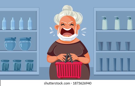 Woman Not Wearing Face Mask Properly Yelling In Supermarket. Angry Customer Ignoring All Safety Rules During Pandemic
