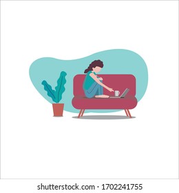 woman with notebook flat illustration vector, home working concept design