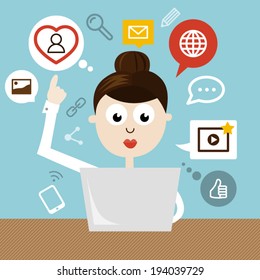 Woman With Notebook And Social Media Icons