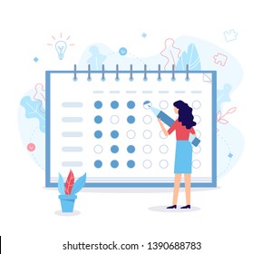 The Woman Notes The Bullets In The Habit Tracker. Self-improvement Concept. Flat Vector Illustration.