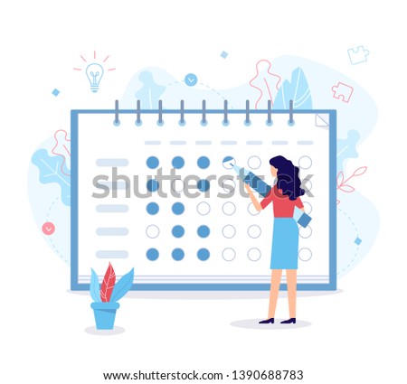 The woman notes the bullets in the habit tracker. Self-improvement concept. Flat vector illustration.