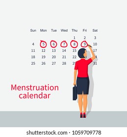 Woman notes in the calendar menstrual cycle. Menstruation calendar female. Monthly period. Vector illustration flat design. Isolated on background.