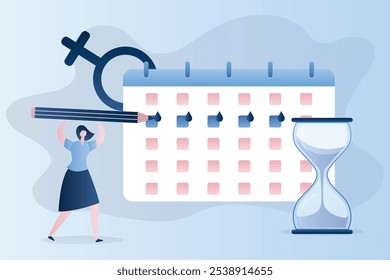 Woman notes calendar menstrual cycle menstruation, pms. Woman with big pencil, planner and hourglass. Beauty female character in trendy style. Healthcare banner. Vector illustration