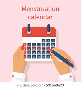 Woman notes in the calendar menstrual cycle. Menstruation calendar in hand female. Monthly period. Write calendar. Vector illustration flat design. Isolated on background. PMS.