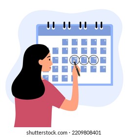 Woman notes in the calendar vector illustration. Menstruation cycle. Life planner.