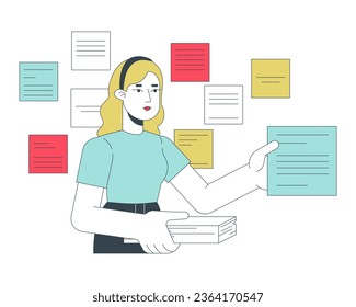 Woman with notes flat line concept vector spot illustration. Reminders. Remember everything 2D cartoon outline character on white for web UI design. Productivity editable isolated color hero image