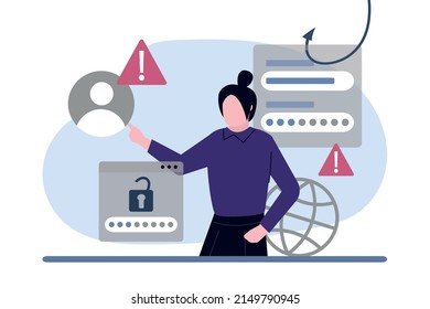 Woman noticed activity or log-in attempts on account, information or personal data leak. Danger sign password had corrupted by hacker. Internet fraud or scam attack victim. Flat vector illustration